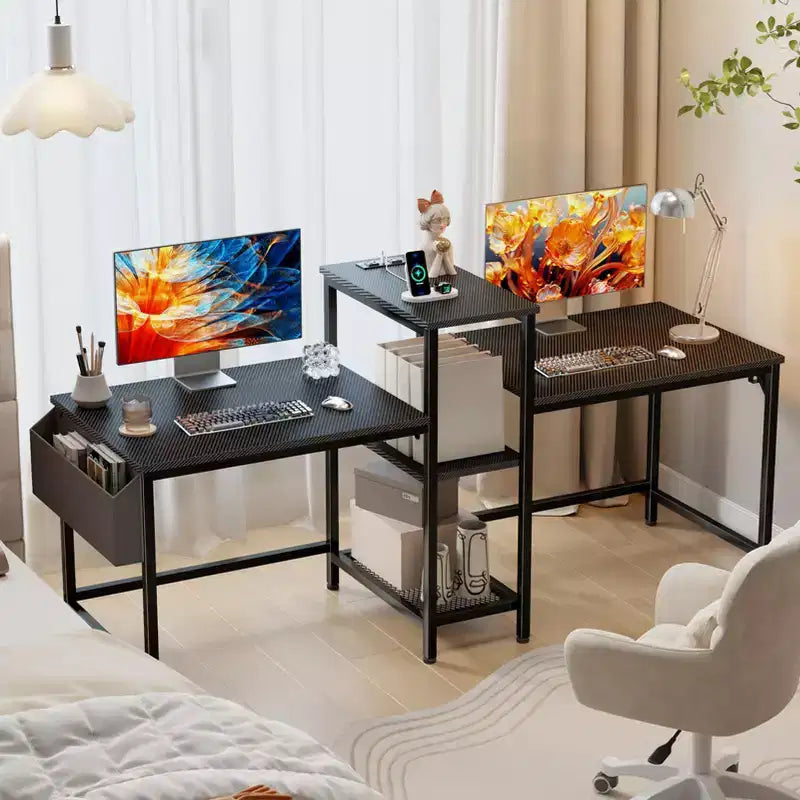 Bureau de jeu noir de 71 pouces pour deux personnes avec lumières LED, bureau double pour ordinateur, support d'écran, étagères de rangement, crochet pour casque, poste de travail de bureau à domicile