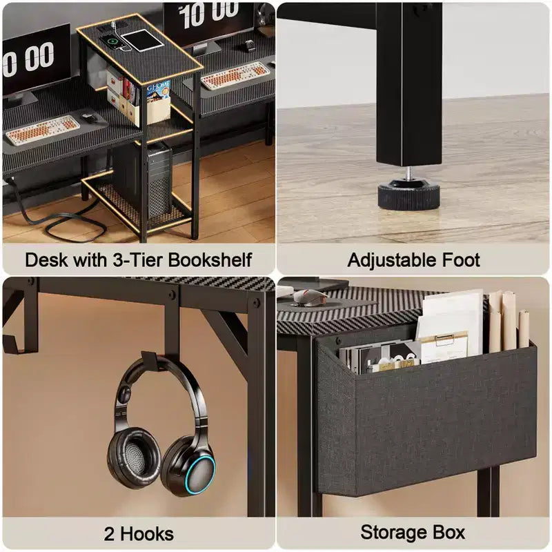 Bureau de jeu noir de 71 pouces pour deux personnes avec lumières LED, bureau double pour ordinateur, support d'écran, étagères de rangement, crochet pour casque, poste de travail de bureau à domicile