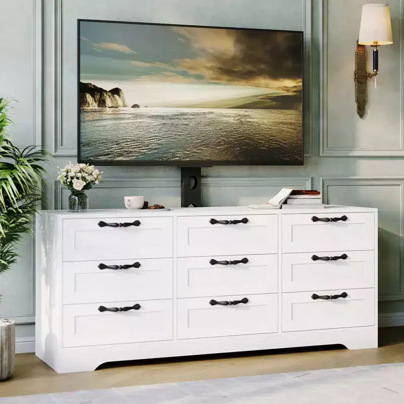 Meuble TV commode 55 po - Support (TV de 32 à 85 po), 9 tiroirs, centre de divertissement moderne en bois pour salon, chambre, appartement
