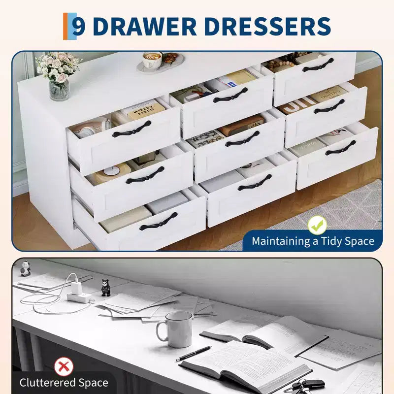 Meuble TV commode 55 po - Support (TV de 32 à 85 po), 9 tiroirs, centre de divertissement moderne en bois pour salon, chambre, appartement