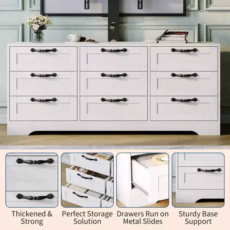Meuble TV commode 55 po - Support (TV de 32 à 85 po), 9 tiroirs, centre de divertissement moderne en bois pour salon, chambre, appartement