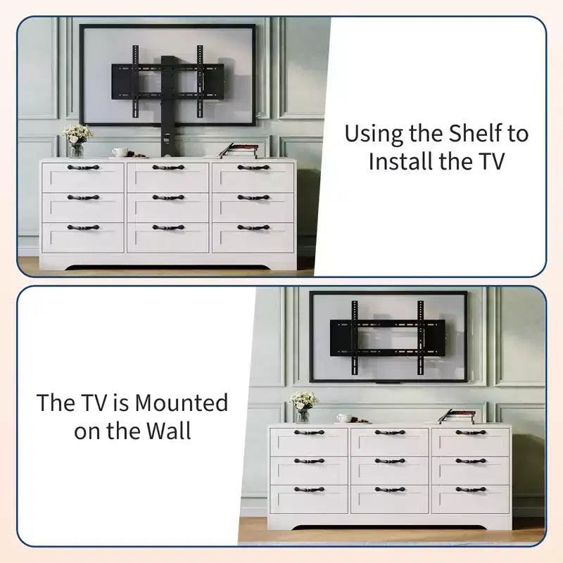 Meuble TV commode 55 po - Support (TV de 32 à 85 po), 9 tiroirs, centre de divertissement moderne en bois pour salon, chambre, appartement