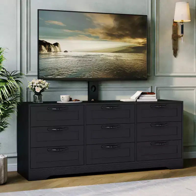 Meuble TV commode 55 po - Support (TV de 32 à 85 po), 9 tiroirs, centre de divertissement moderne en bois pour salon, chambre, appartement