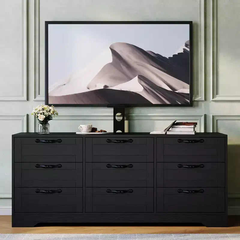 Meuble TV commode 55 po - Support (TV de 32 à 85 po), 9 tiroirs, centre de divertissement moderne en bois pour salon, chambre, appartement