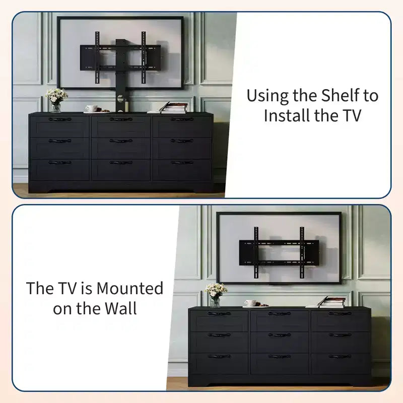 Meuble TV commode 55 po - Support (TV de 32 à 85 po), 9 tiroirs, centre de divertissement moderne en bois pour salon, chambre, appartement
