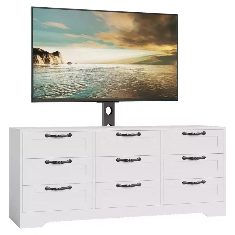 Meuble TV commode 55 po - Support (TV de 32 à 85 po), 9 tiroirs, centre de divertissement moderne en bois pour salon, chambre, appartement