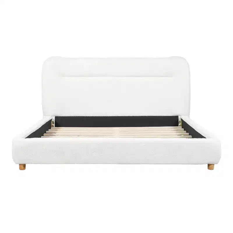 Cadre de lit plateforme minimaliste avec tête de lit rembourrée douce, design incurvé, blanc crème