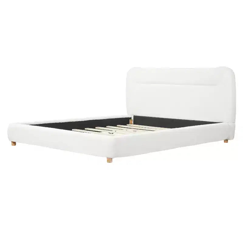 Cadre de lit plateforme minimaliste avec tête de lit rembourrée douce, design incurvé, blanc crème