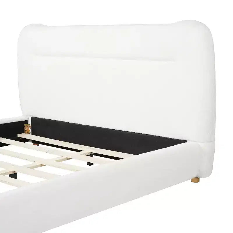 Cadre de lit plateforme minimaliste avec tête de lit rembourrée douce, design incurvé, blanc crème
