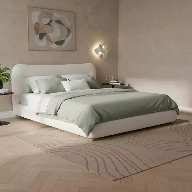 Cadre de lit plateforme minimaliste avec tête de lit rembourrée douce, design incurvé, blanc crème