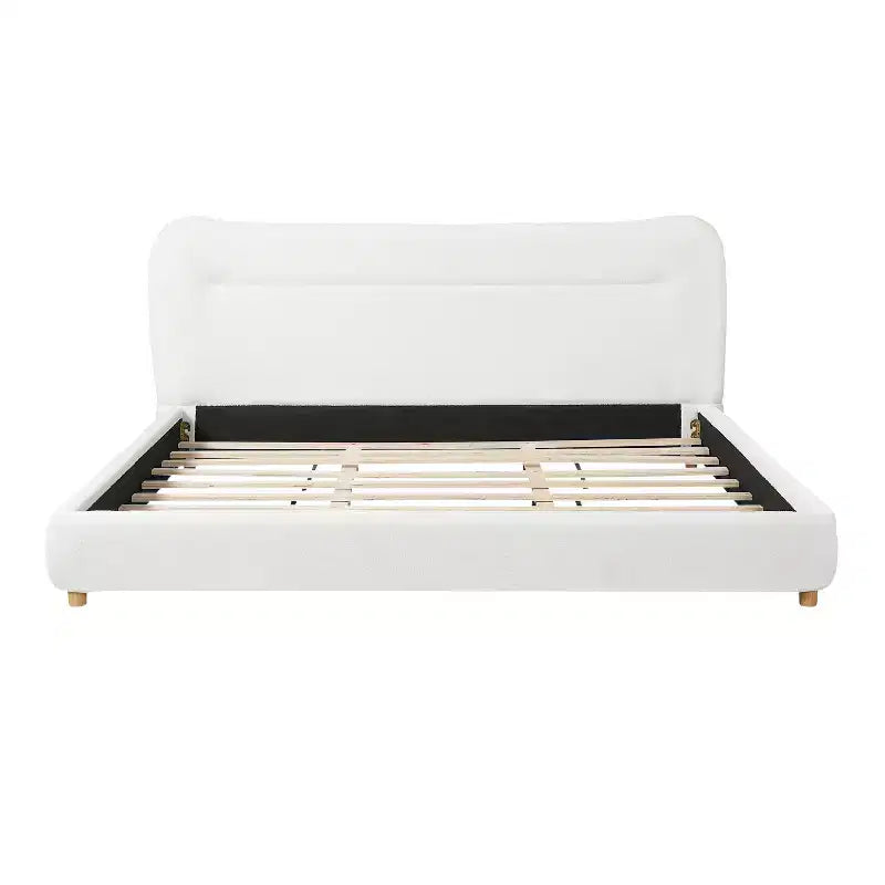 Cadre de lit plateforme minimaliste avec tête de lit rembourrée douce, design incurvé, blanc crème