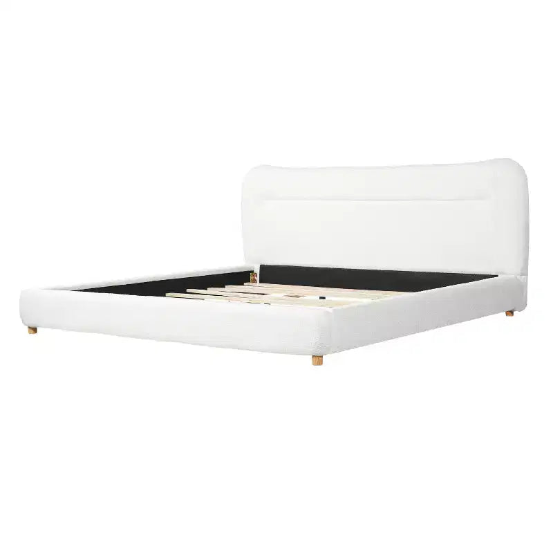 Cadre de lit plateforme minimaliste avec tête de lit rembourrée douce, design incurvé, blanc crème
