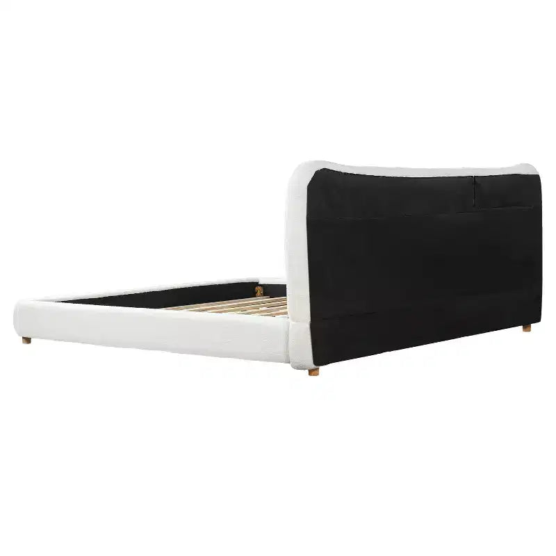 Cadre de lit plateforme minimaliste avec tête de lit rembourrée douce, design incurvé, blanc crème