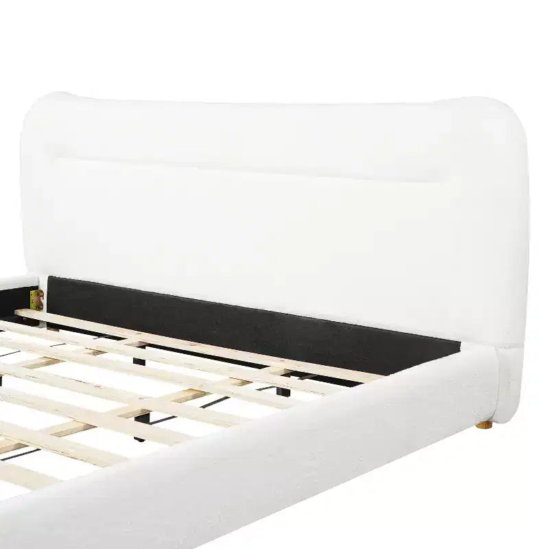 Cadre de lit plateforme minimaliste avec tête de lit rembourrée douce, design incurvé, blanc crème