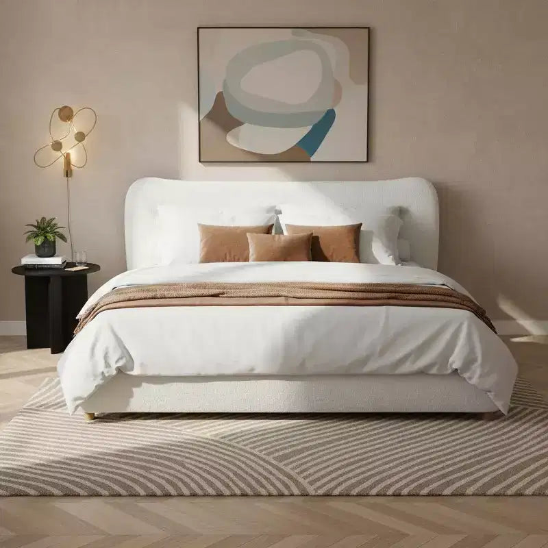 Queen/King Size Minimalist Platform Bed Frame with Soft Upholstered Headboard, Curved Design, Cream White - ModernLuxe