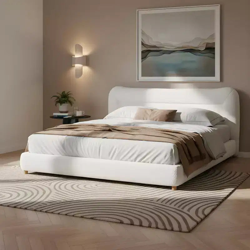 Cadre de lit plateforme minimaliste avec tête de lit rembourrée douce, design incurvé, blanc crème