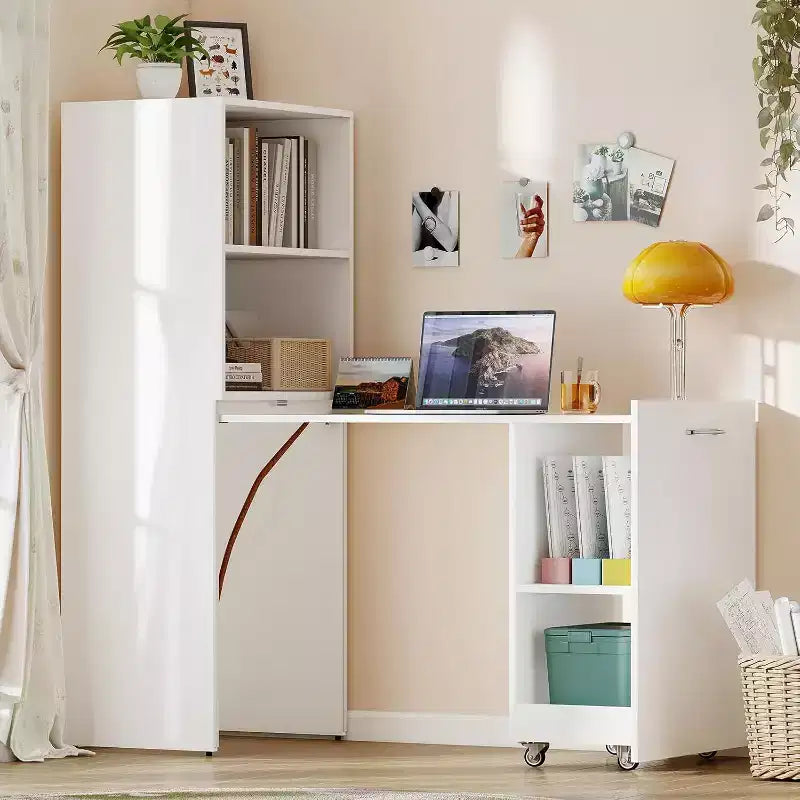 MooxvMoo Stretchable Desk with Storage Shelves and Mobile Wheels, Foldable Computer Table for Small Apartments and Home Offices, White