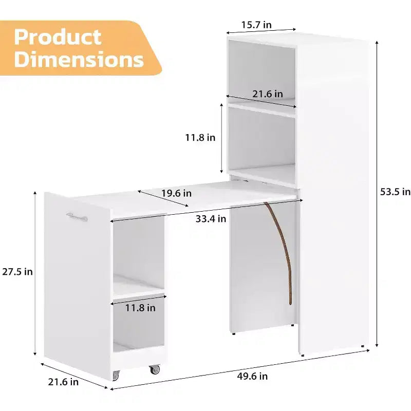 Bureau Extensible avec Étagères de Rangement et Roulettes Mobiles, Table d'Ordinateur Pliable pour Petits Appartements et Bureaux à Domicile, Blanc