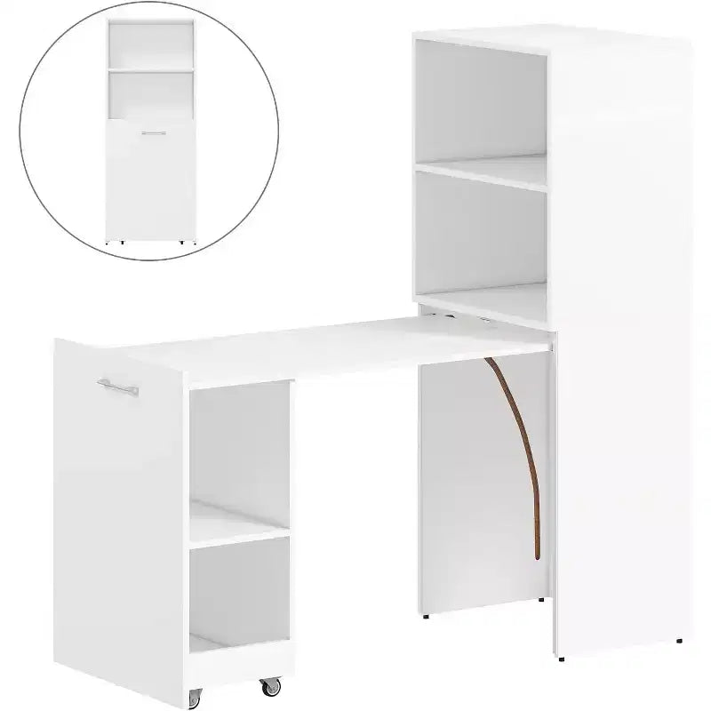Bureau Extensible avec Étagères de Rangement et Roulettes Mobiles, Table d'Ordinateur Pliable pour Petits Appartements et Bureaux à Domicile, Blanc