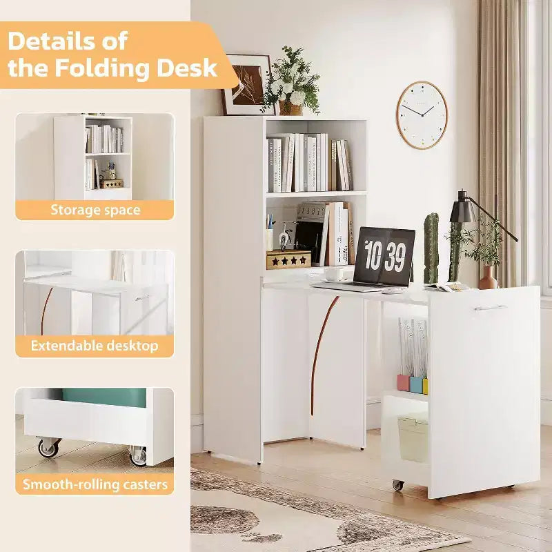 Bureau Extensible avec Étagères de Rangement et Roulettes Mobiles, Table d'Ordinateur Pliable pour Petits Appartements et Bureaux à Domicile, Blanc