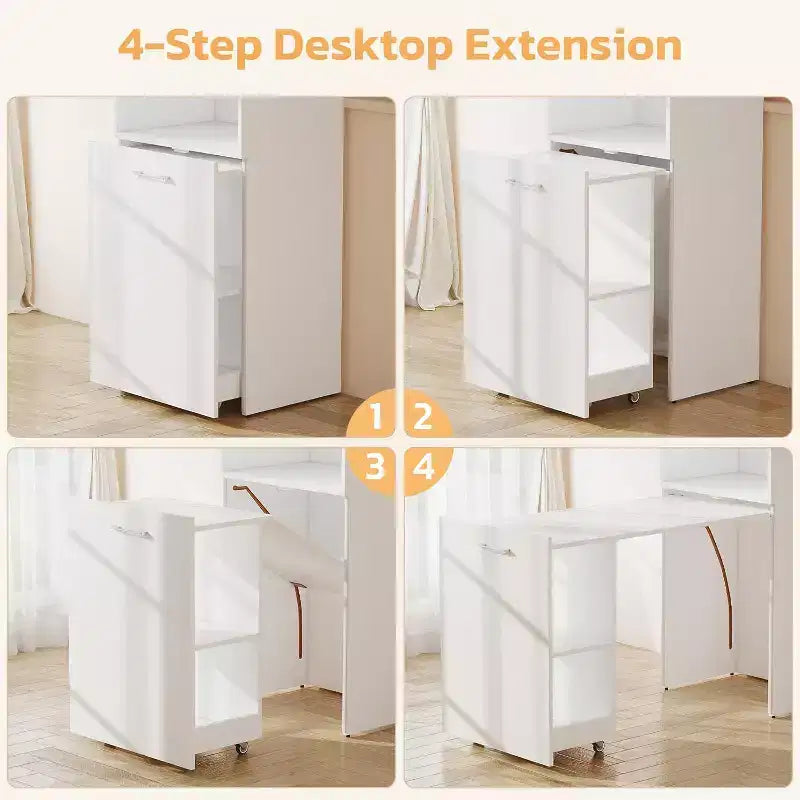 Bureau Extensible avec Étagères de Rangement et Roulettes Mobiles, Table d'Ordinateur Pliable pour Petits Appartements et Bureaux à Domicile, Blanc