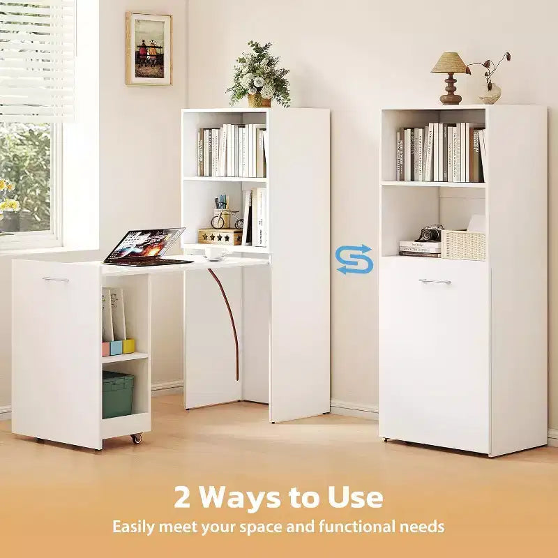 Bureau Extensible avec Étagères de Rangement et Roulettes Mobiles, Table d'Ordinateur Pliable pour Petits Appartements et Bureaux à Domicile, Blanc