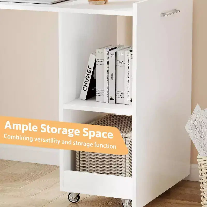Bureau Extensible avec Étagères de Rangement et Roulettes Mobiles, Table d'Ordinateur Pliable pour Petits Appartements et Bureaux à Domicile, Blanc