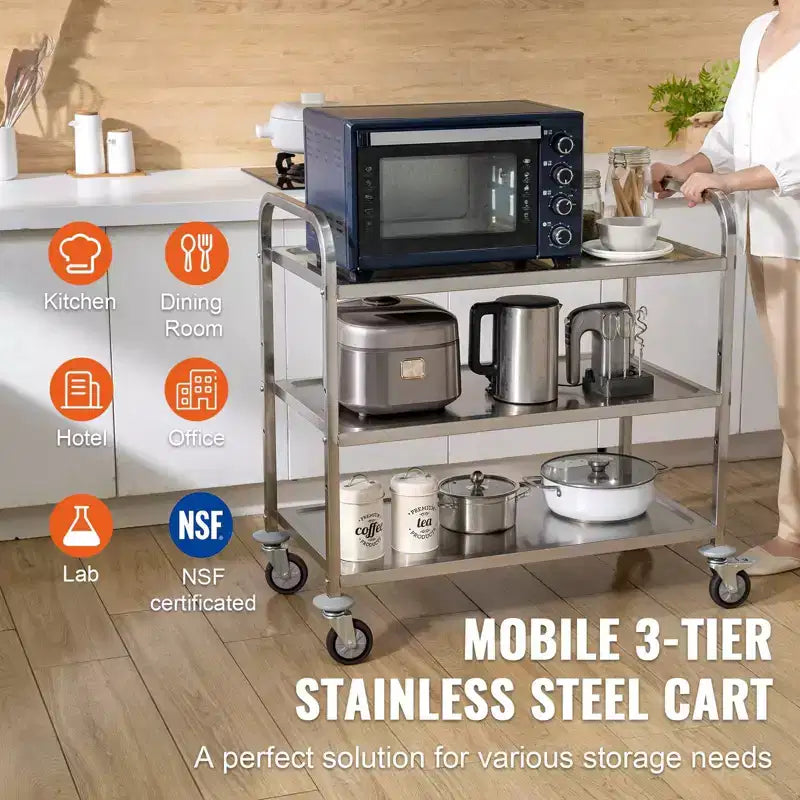 Desservant de cuisine à 3 niveaux, Chariot roulant en fil métallique avec capacité de 204 kg, Chariot de service en acier sur roulettes