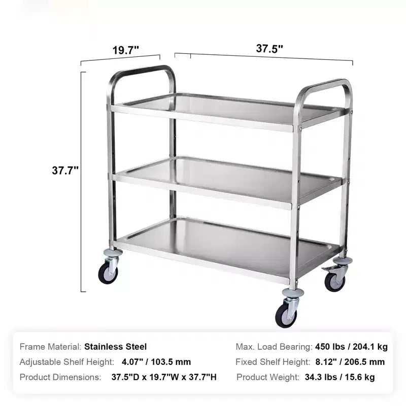 Desservant de cuisine à 3 niveaux, Chariot roulant en fil métallique avec capacité de 204 kg, Chariot de service en acier sur roulettes
