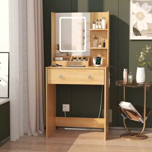 24 Modern Wood Vanity Desk with Lighted Mirror and Charging Station Small Makeup Dressing Table with 2 Drawers and 3 Storage Shelves for Bedroom