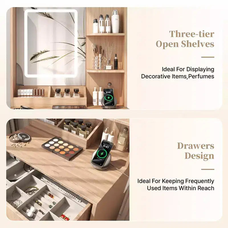 Coiffeuse moderne en bois de 24 po avec miroir éclairé et station de recharge, petite table de maquillage avec 2 tiroirs et 3 étagères de rangement pour chambre à coucher