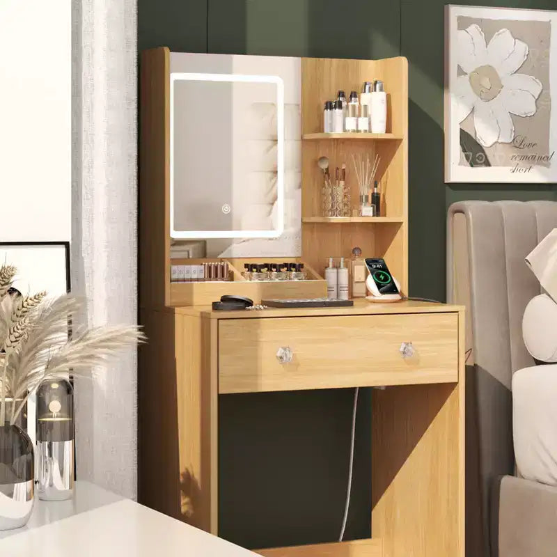 Coiffeuse moderne en bois de 24 po avec miroir éclairé et station de recharge, petite table de maquillage avec 2 tiroirs et 3 étagères de rangement pour chambre à coucher