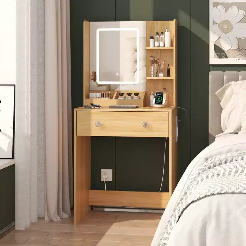 Coiffeuse moderne en bois de 24 po avec miroir éclairé et station de recharge, petite table de maquillage avec 2 tiroirs et 3 étagères de rangement pour chambre à coucher