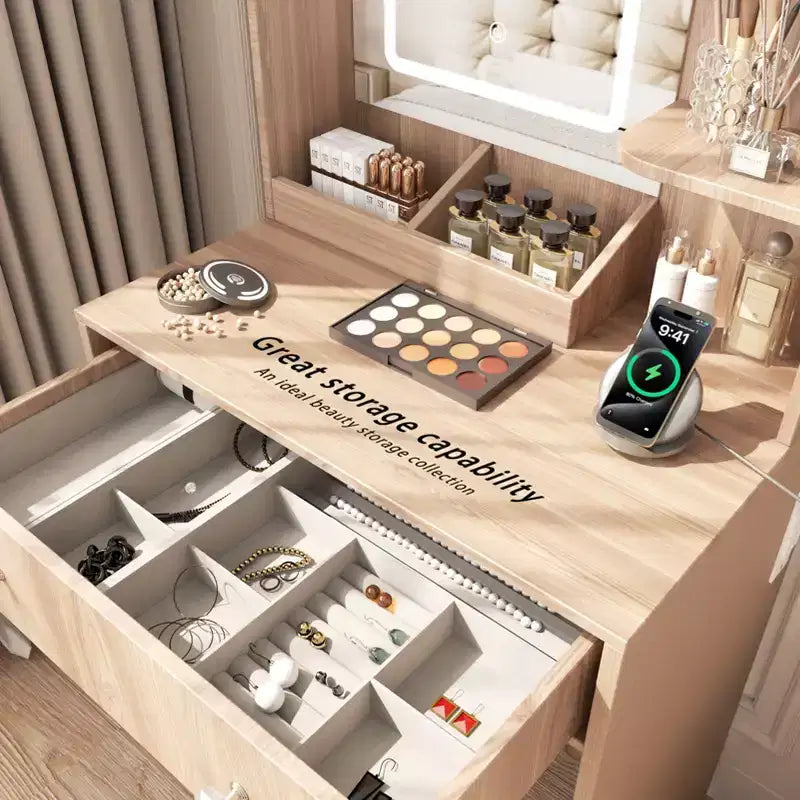 Coiffeuse moderne en bois de 24 po avec miroir éclairé et station de recharge, petite table de maquillage avec 2 tiroirs et 3 étagères de rangement pour chambre à coucher