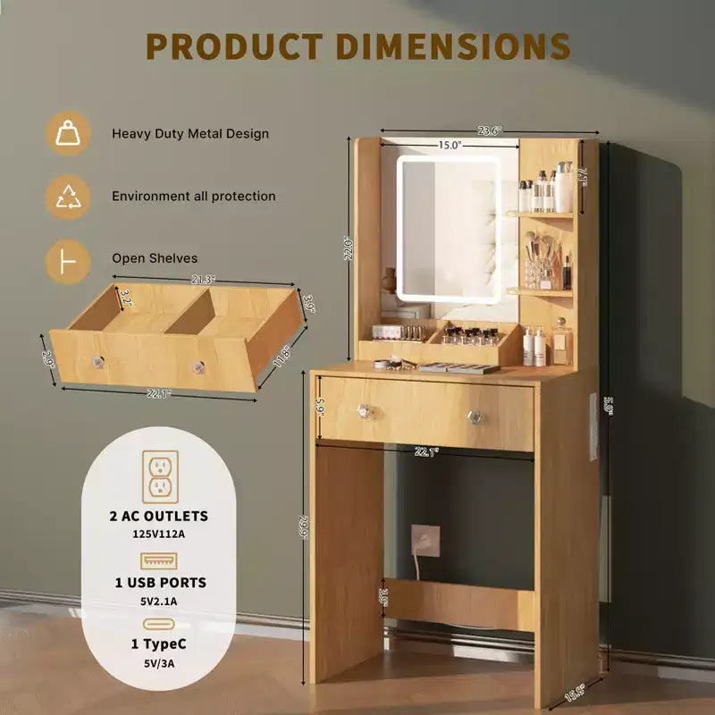 Coiffeuse moderne en bois de 24 po avec miroir éclairé et station de recharge, petite table de maquillage avec 2 tiroirs et 3 étagères de rangement pour chambre à coucher