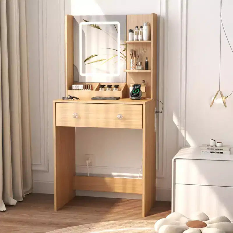 Coiffeuse moderne en bois de 24 po avec miroir éclairé et station de recharge, petite table de maquillage avec 2 tiroirs et 3 étagères de rangement pour chambre à coucher