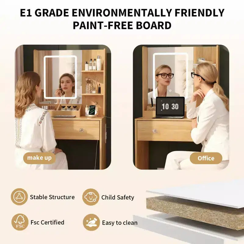 Coiffeuse moderne en bois de 24 po avec miroir éclairé et station de recharge, petite table de maquillage avec 2 tiroirs et 3 étagères de rangement pour chambre à coucher