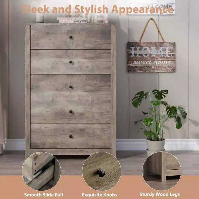 Commode en bois à 5 tiroirs de 45 pouces, commode moderne avec rangement profond, organiseur en bois haut pour chambre, salon et entrée
