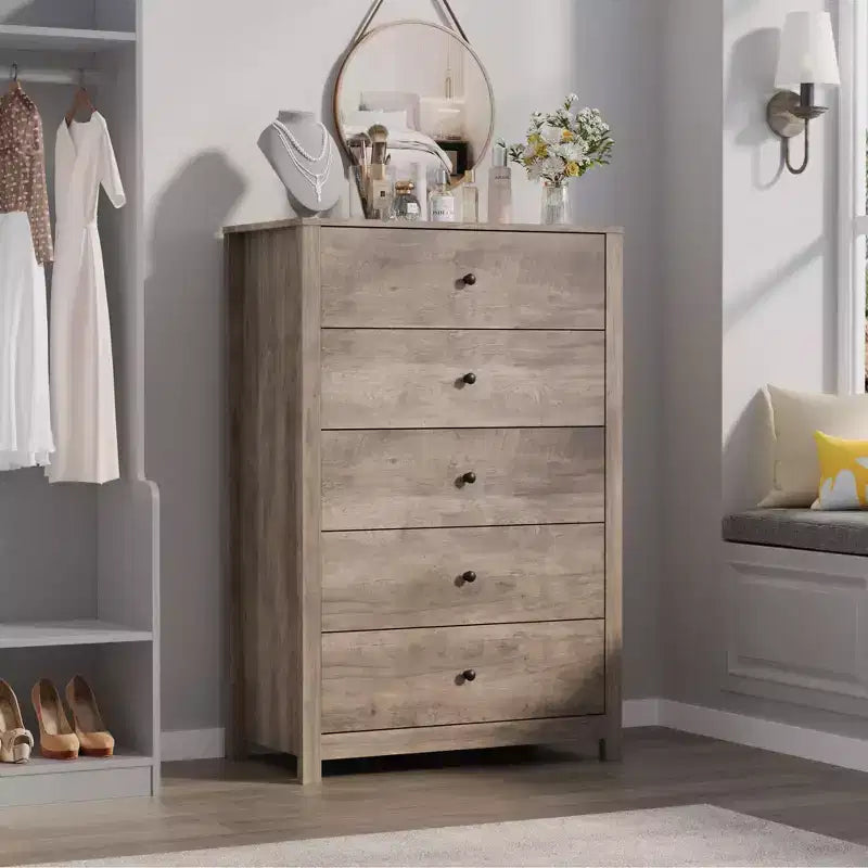 Commode en bois à 5 tiroirs de 45 pouces, commode moderne avec rangement profond, organiseur en bois haut pour chambre, salon et entrée