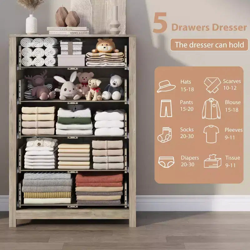 Commode en bois à 5 tiroirs de 45 pouces, commode moderne avec rangement profond, organiseur en bois haut pour chambre, salon et entrée