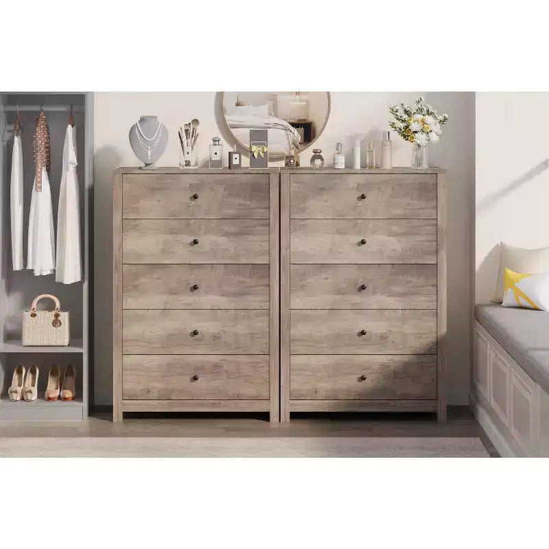 Commode en bois à 5 tiroirs de 45 pouces, commode moderne avec rangement profond, organiseur en bois haut pour chambre, salon et entrée