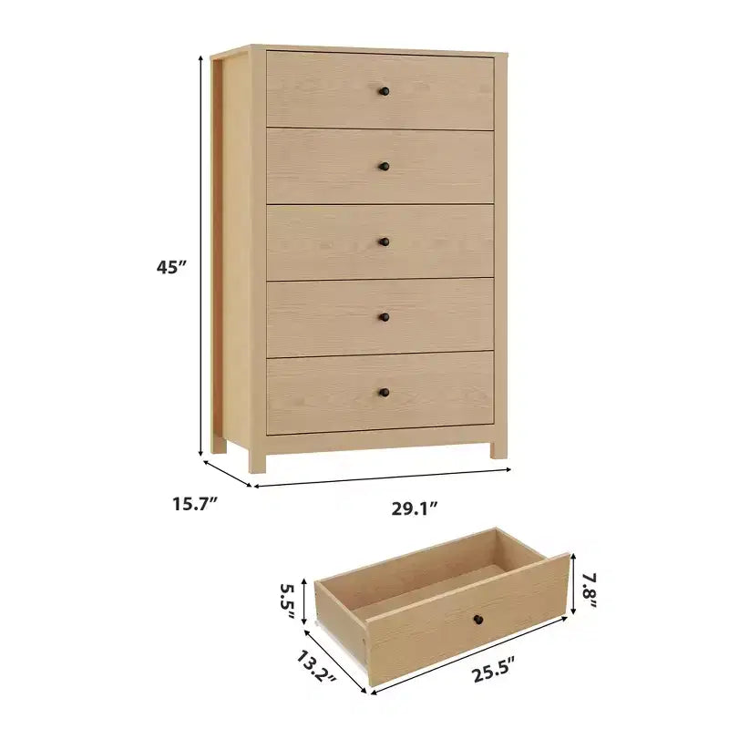 Commode en bois à 5 tiroirs de 45 pouces, commode moderne avec rangement profond, organiseur en bois haut pour chambre, salon et entrée