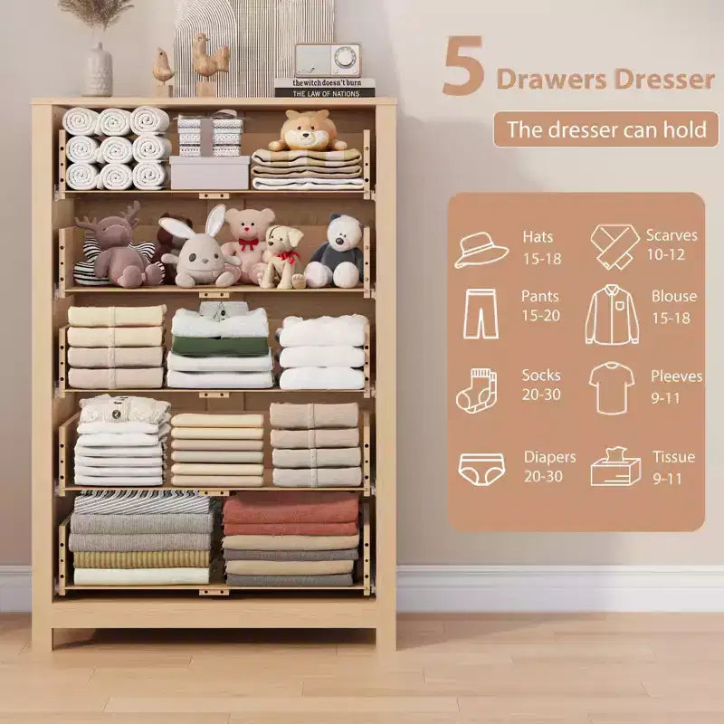 Commode en bois à 5 tiroirs de 45 pouces, commode moderne avec rangement profond, organiseur en bois haut pour chambre, salon et entrée