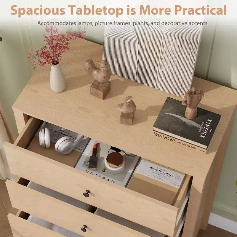 Commode en bois à 5 tiroirs de 45 pouces, commode moderne avec rangement profond, organiseur en bois haut pour chambre, salon et entrée