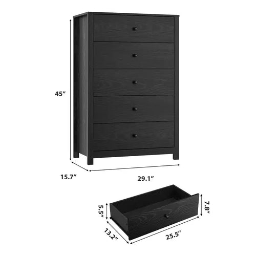 Commode en bois à 5 tiroirs de 45 pouces, commode moderne avec rangement profond, organiseur en bois haut pour chambre, salon et entrée