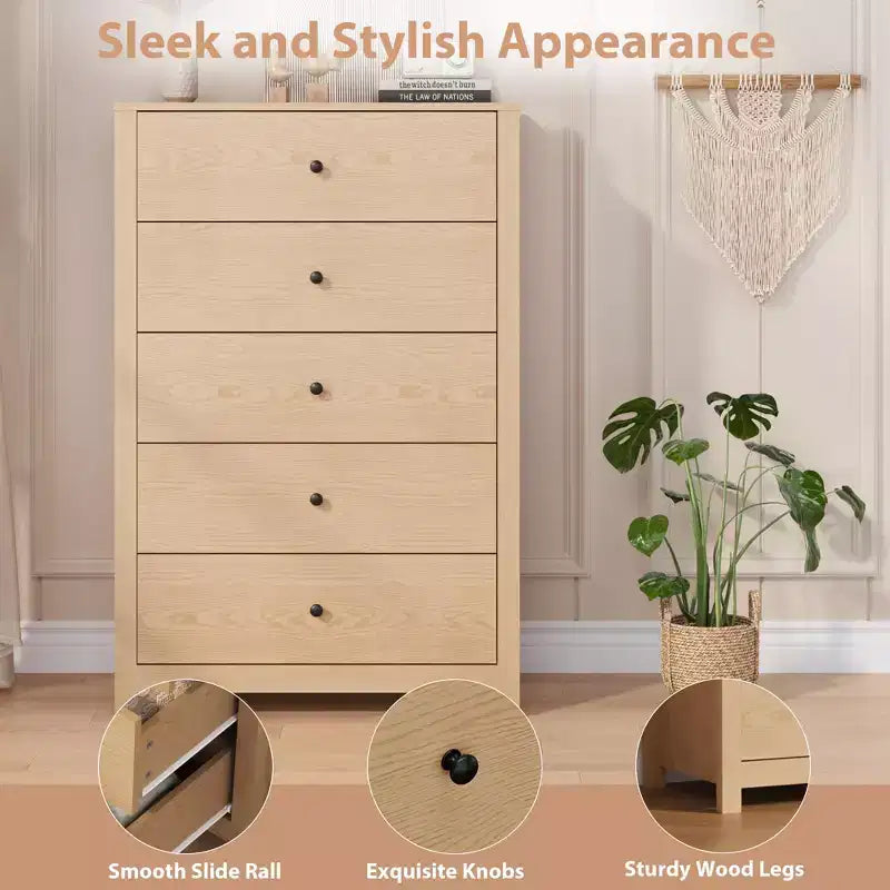 Commode en bois à 5 tiroirs de 45 pouces, commode moderne avec rangement profond, organiseur en bois haut pour chambre, salon et entrée