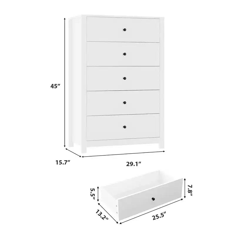Commode en bois à 5 tiroirs de 45 pouces, commode moderne avec rangement profond, organiseur en bois haut pour chambre, salon et entrée