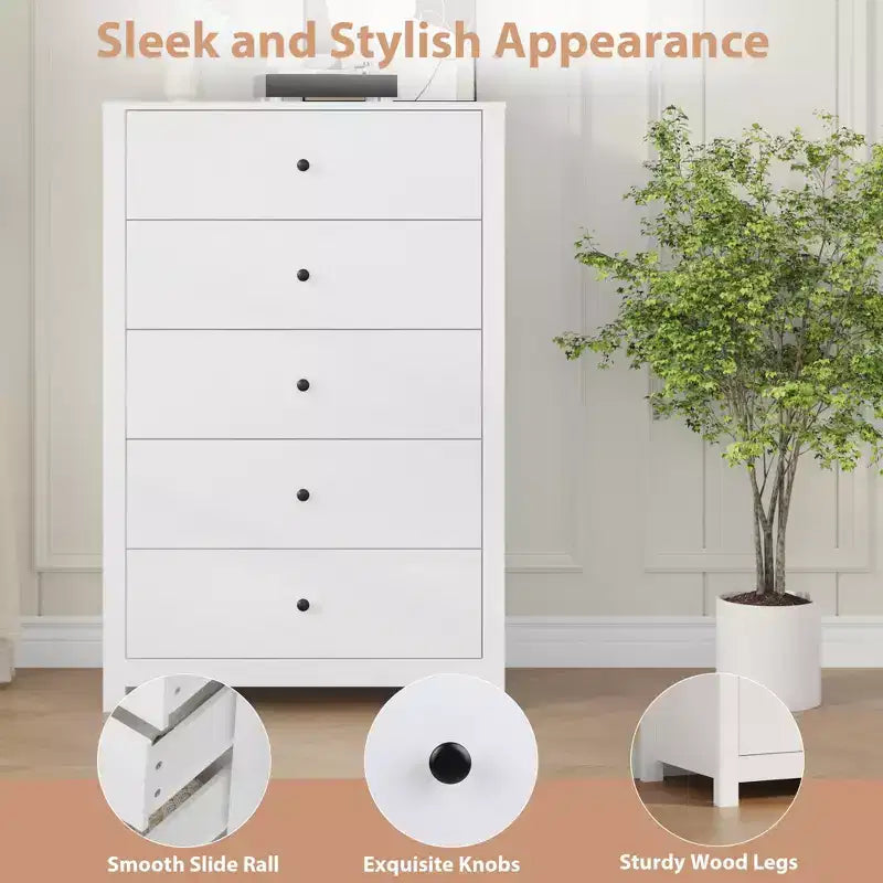 Commode en bois à 5 tiroirs de 45 pouces, commode moderne avec rangement profond, organiseur en bois haut pour chambre, salon et entrée