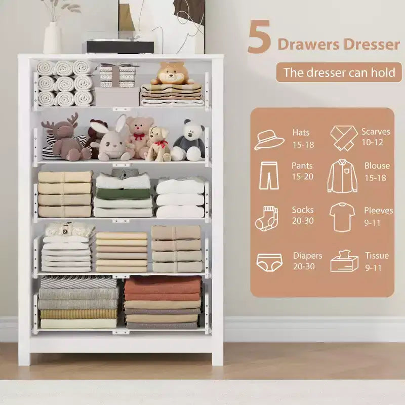 Commode en bois à 5 tiroirs de 45 pouces, commode moderne avec rangement profond, organiseur en bois haut pour chambre, salon et entrée