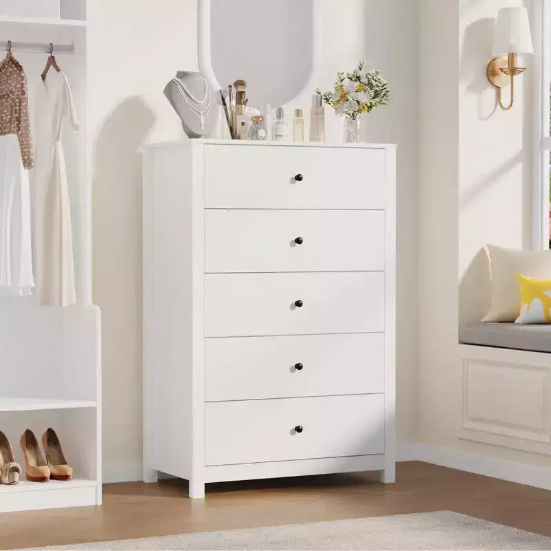 Commode en bois à 5 tiroirs de 45 pouces, commode moderne avec rangement profond, organiseur en bois haut pour chambre, salon et entrée